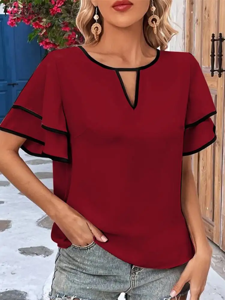 ZANZEA Women Ruffled Short Sleeve Blouse 2024 Summer Round Neck Shirts Elegant Hollow Out Tops Casual Loose Colorblock Tunics