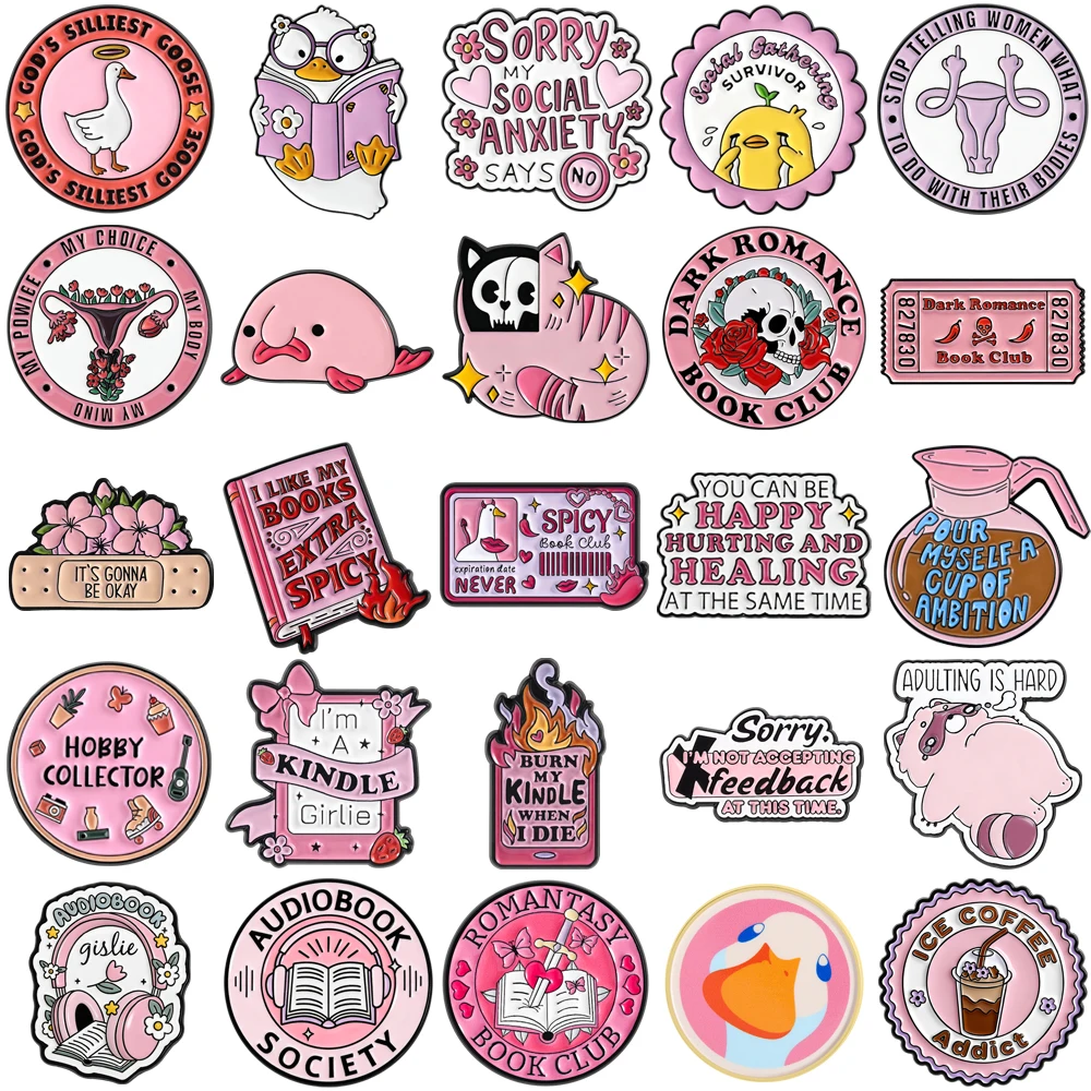 25 Styles All Pink Healing Enamel Pins Cute Pet Book Multi Style Cute Literary Brooches Lapel Badge Jewelry Gifts for Friends