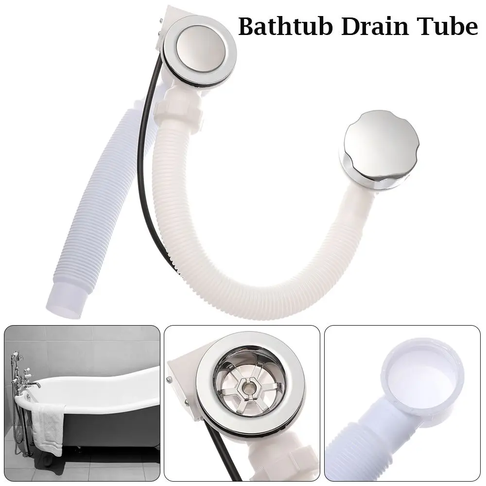 Chrome Connection Bathroom Kit Round Waste Pipe Bathtub Drain Tube Bath Overflow Concealed