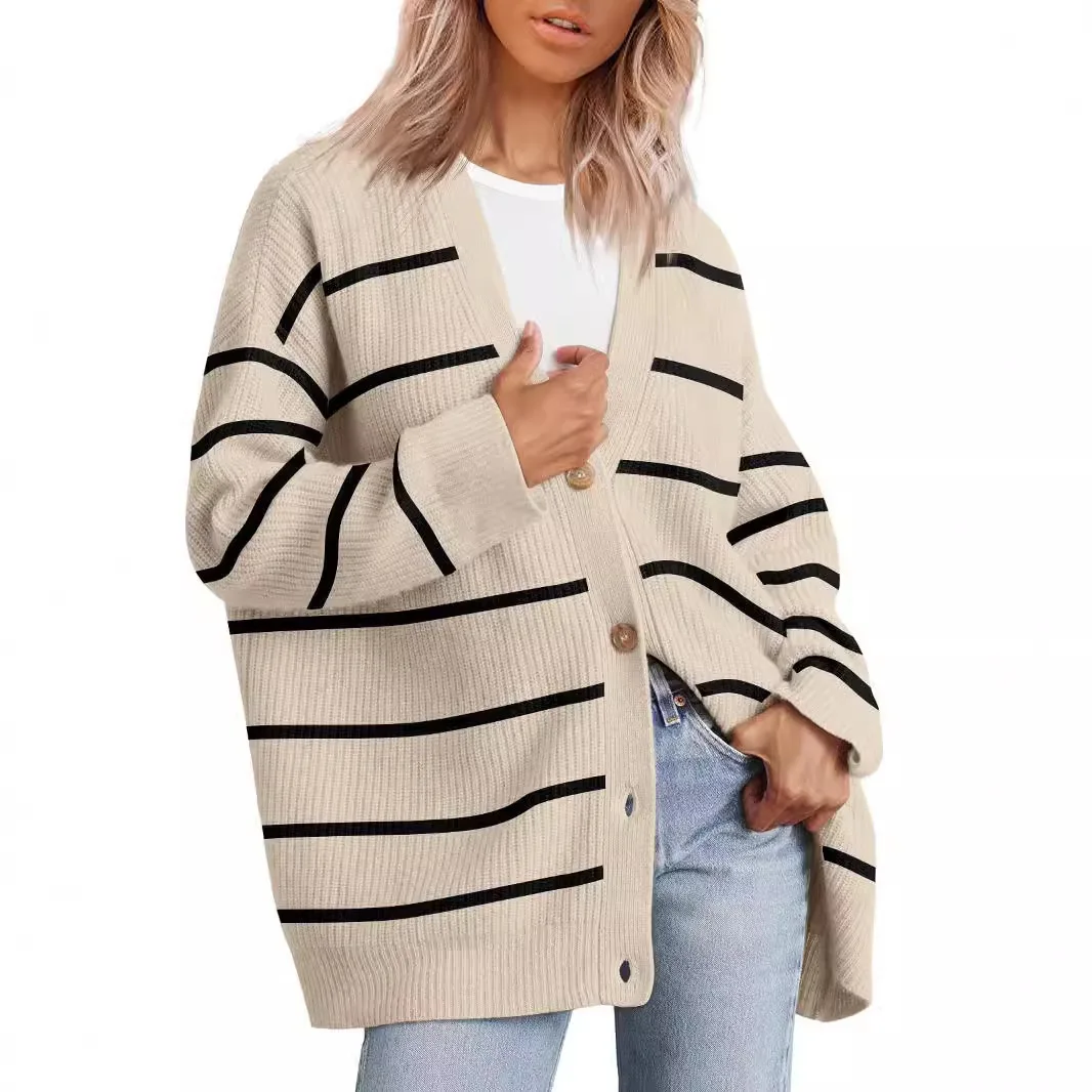 Autumn Winter Europe and The United States Explosion 2024 Simple Knit Button V-neck Solid Color Sweater Stripe Cardigan Women