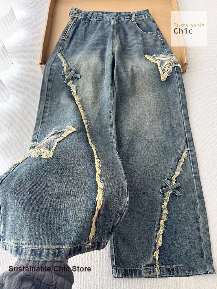 Pantalones vaqueros de pierna ancha bordados con lazo crudo retro americano para mujer Otoño e Invierno nueva moda Spice Girl pantalones de encaje de calle alta.
