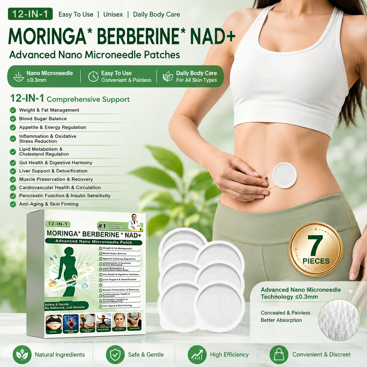 12-IN-1 Moringa * Berberine * Nad+ Nano Microneedle Patches ≤0.3mm, Easy To Use Gentle Skin-firming for All Skin Types Unisex