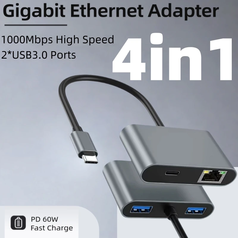 Adaptador Ethernet tipo C a Gigabit, estación de acoplamiento USB C 4 en 1 para teléfono, portátil, características PD 60W de carga rápida y 2 USB 3,0