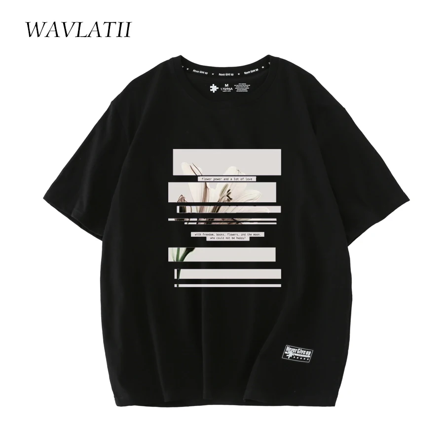 WAVLATII Women New Art Printed T Shirts Female Black 100% Cotton Casual Tees Lady Pink Short Sleeve Tops for Summer WT2226