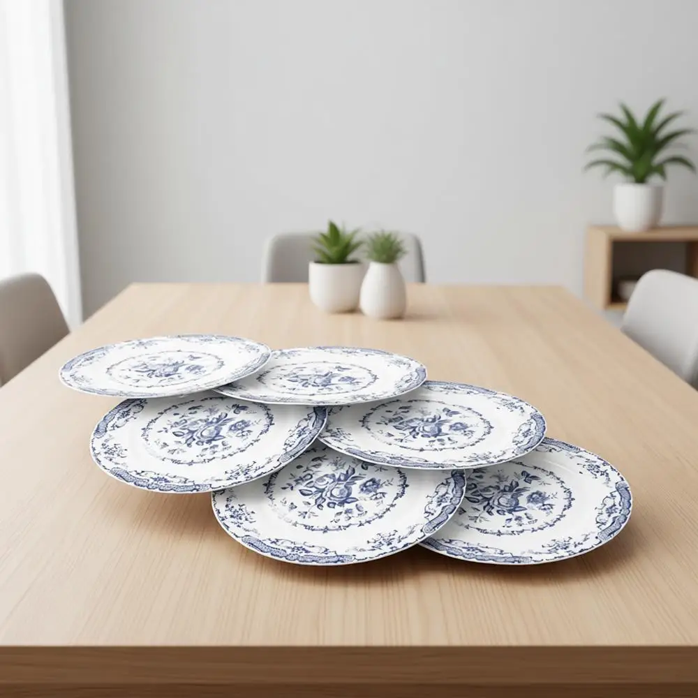 

Dinner Plates Set of 6, Kitchen Plates Microwave Safe, White Plate with Blue Floral Design, Porcelain Blue Rose Plate 10.5 Inch