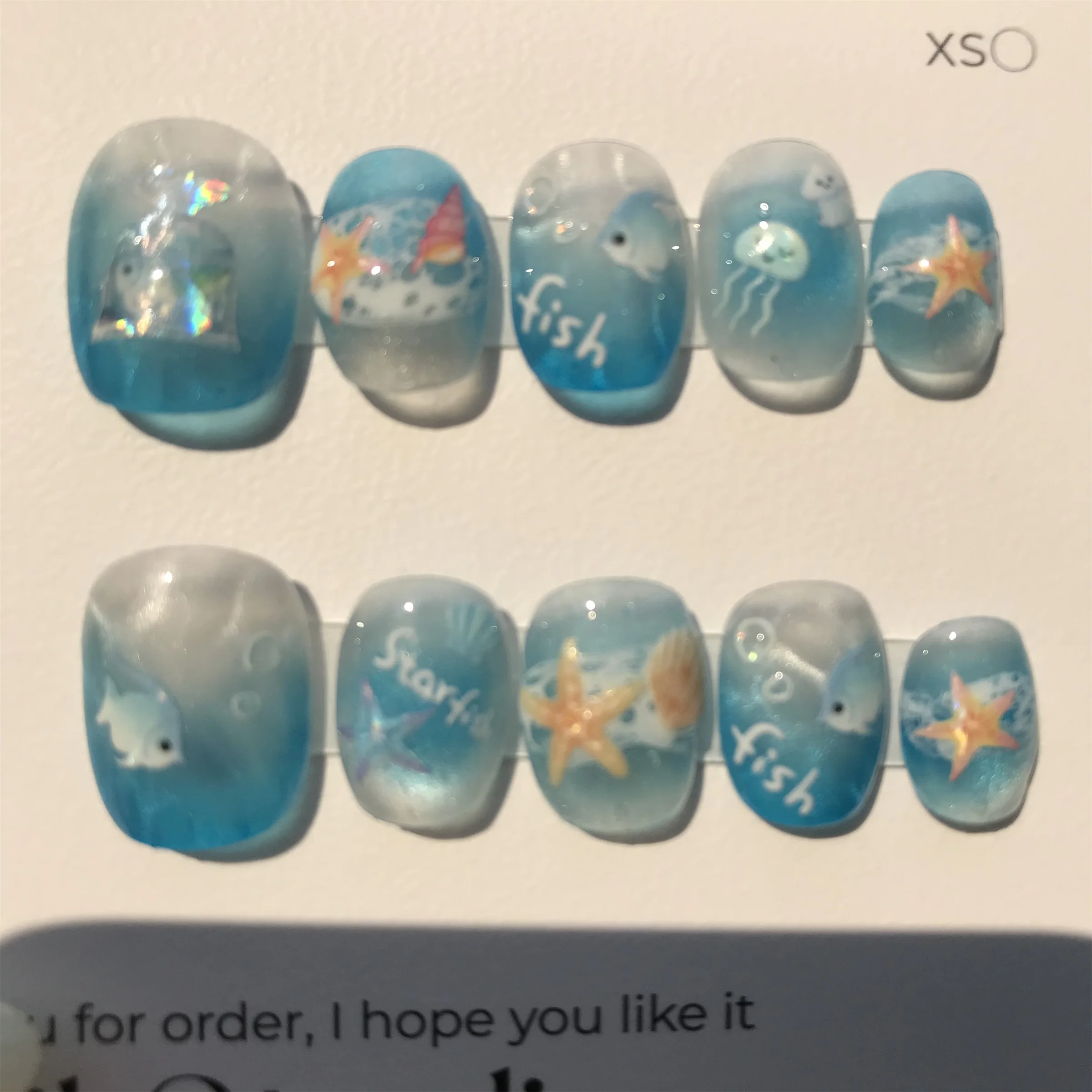 Handmade Short Square Press-on Nails Marine Style, Featuring Starfish, Shells, Cartoon Fish, Jellyfish and other Marine Elements