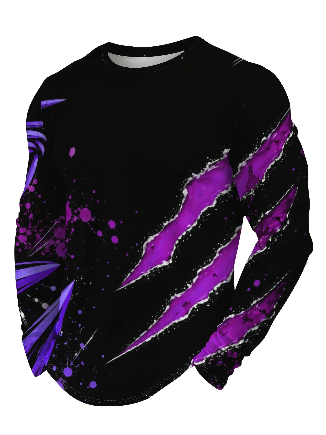 New Men’s Long-Sleeve T-Shirt – Purple Splatter-Paint & Stripe Print – Casual, Trendy, Street-Style
