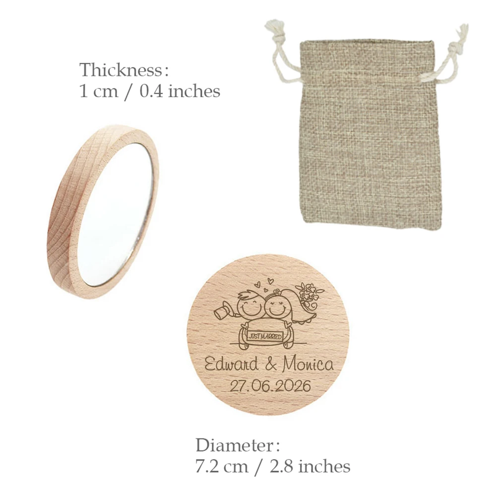 مرايا مكياج خشبية مخصصة هدايا تذكارية لحفلات الزفاف للضيوف مرآة جيب مخصصة مع حقيبة هدايا