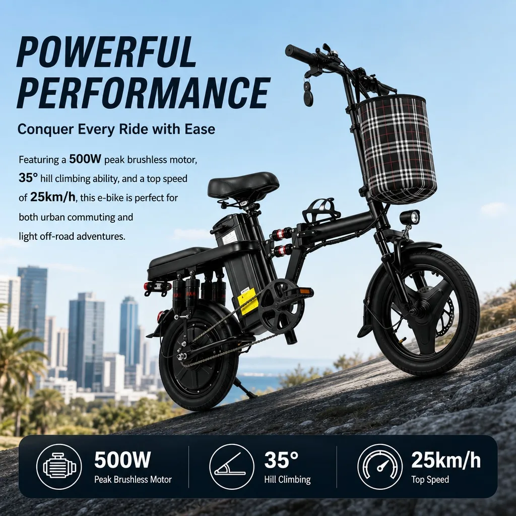 500W 48V 15Ah Foldable Electric Bicycle 14 Inch Tires 8 Shock Absorbers Adult E-Bike Long Range Commuter Folding Ebike image 5