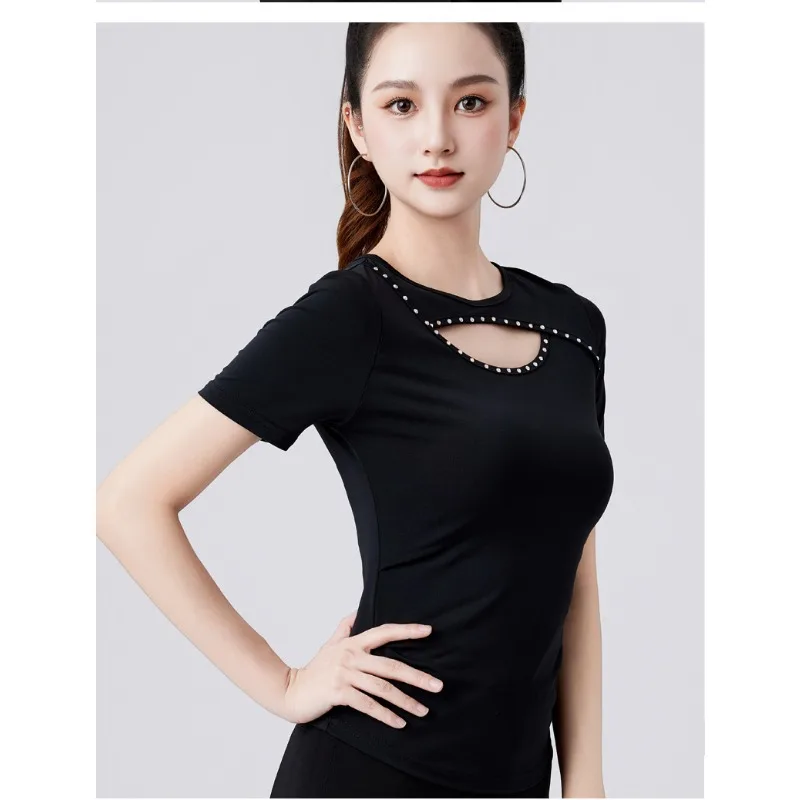 

customized Short sleeved T-shirt modern dance outfit rhinestone hot stamping short outfit latin salsa national standard dance