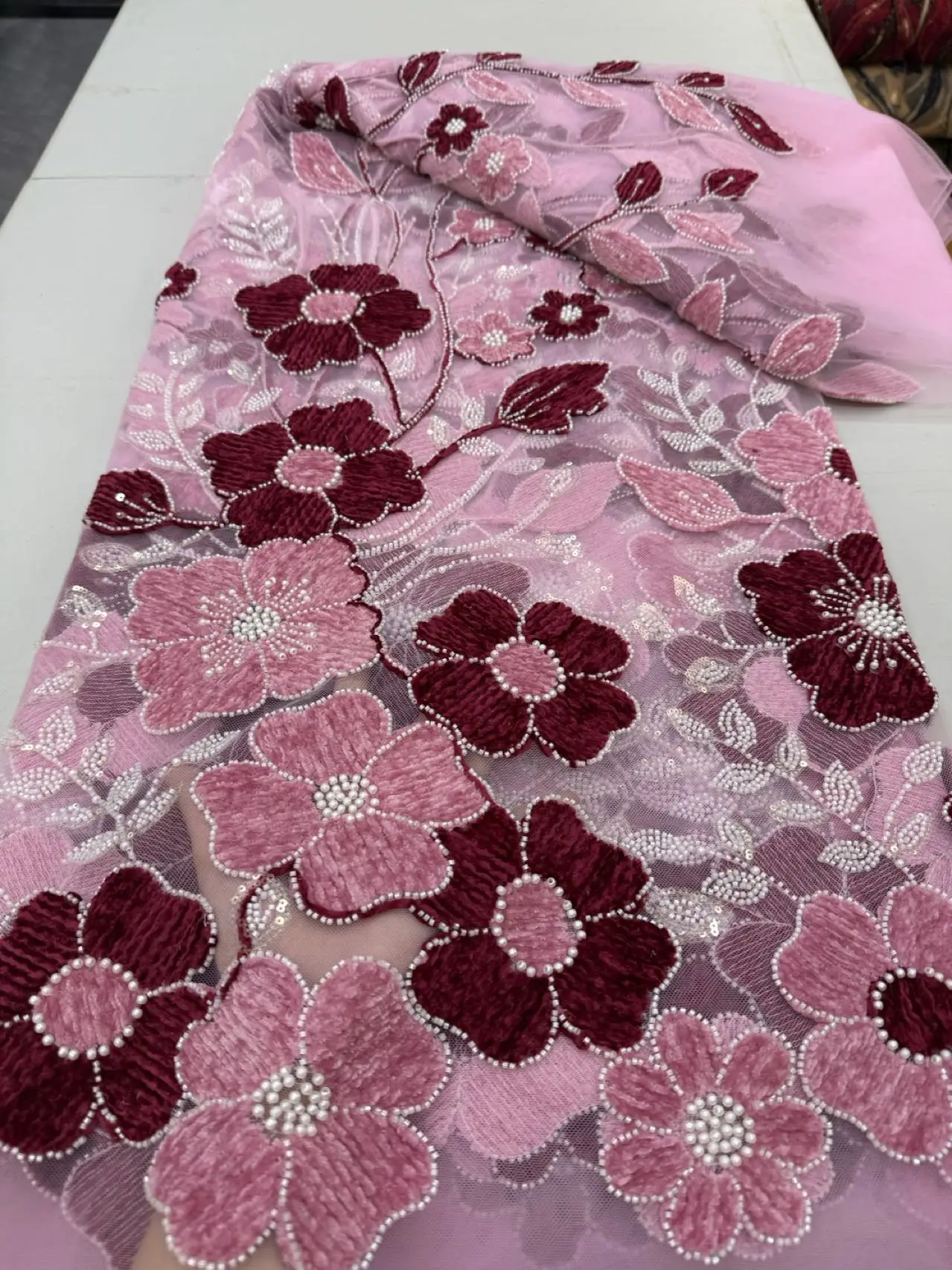 

African & Japanese Lace Fabric Per Meter,5Yard Pink Mesh Tulle Fabrics With Sequin & Beaded, Suitable For Wedding Dresses Design