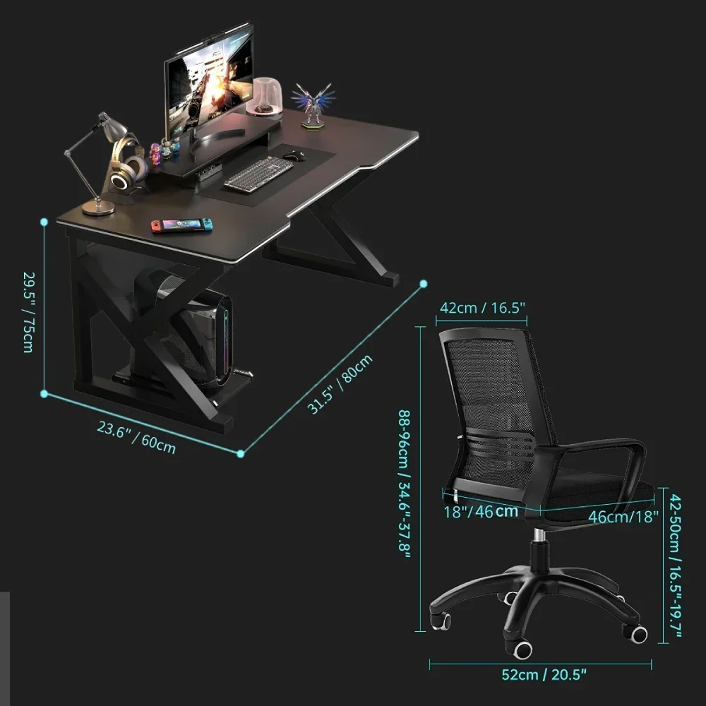 Ergonomic Gaming Set Mesa e Cadeira, Mesa do Computador com Monitor Stand, Mesa de Estudo, Escrita Workstation, Home Office, 31,5\