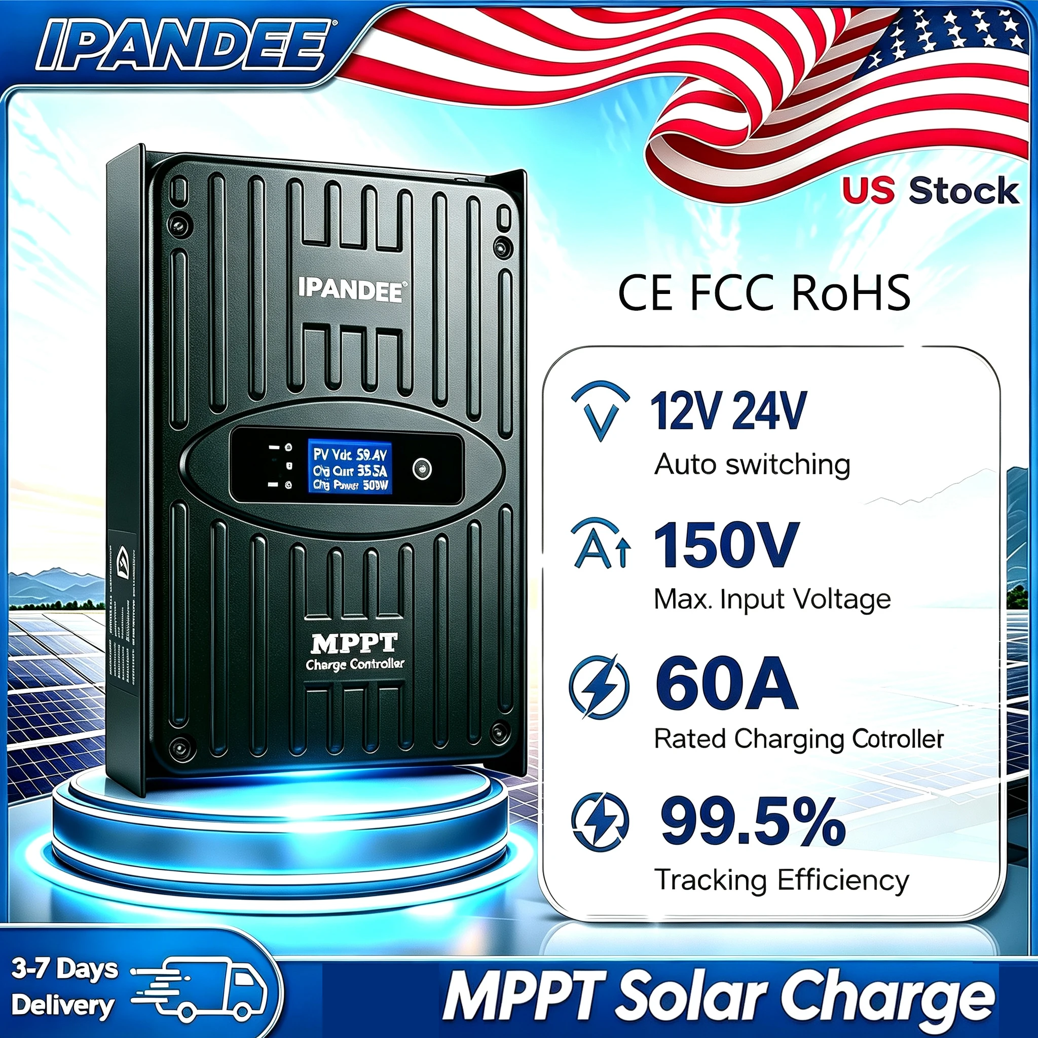 IPANDEE 60A MPPT 12V/24V Auto Solar Charge Controller 150V Max PV Input, 99.5% Tracking Efficiency Include APP Monitoring RS485 LCD Display Multiple Protection Shipping Form US Warehouse