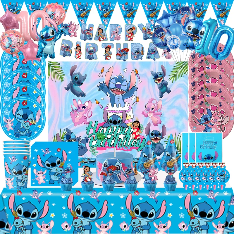 Disney Stitch Birthday Party Decoration Lilo And Stitch Theme Tableware Set Cup Plate Angle Balloon Supplies For Kids Boy Girls