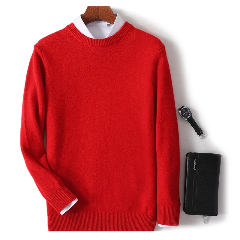 New 100% pure wool sweater men's round neck  double thick sweater winter high-end cashmere knit bottom shirt