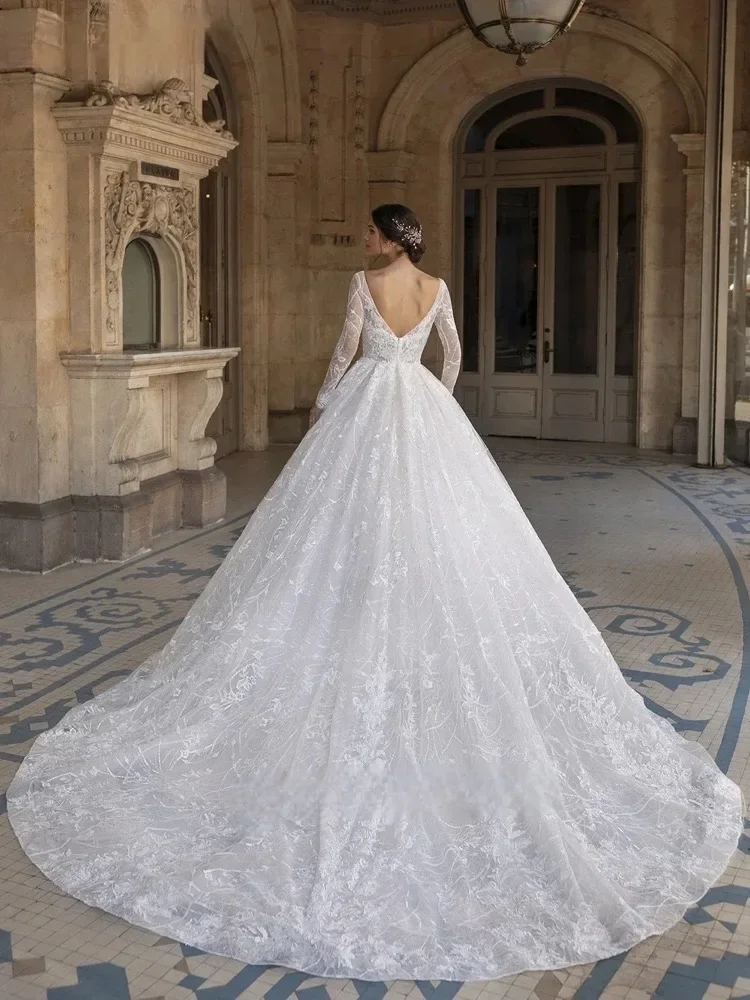 ONELIFE Personalizzato Squisito Principessa Abiti Da Sposa Con Scollo A V Manica Lunga Vestido De Novia Appliques In Pizzo Corte Dei Treni Abito Da Sposa