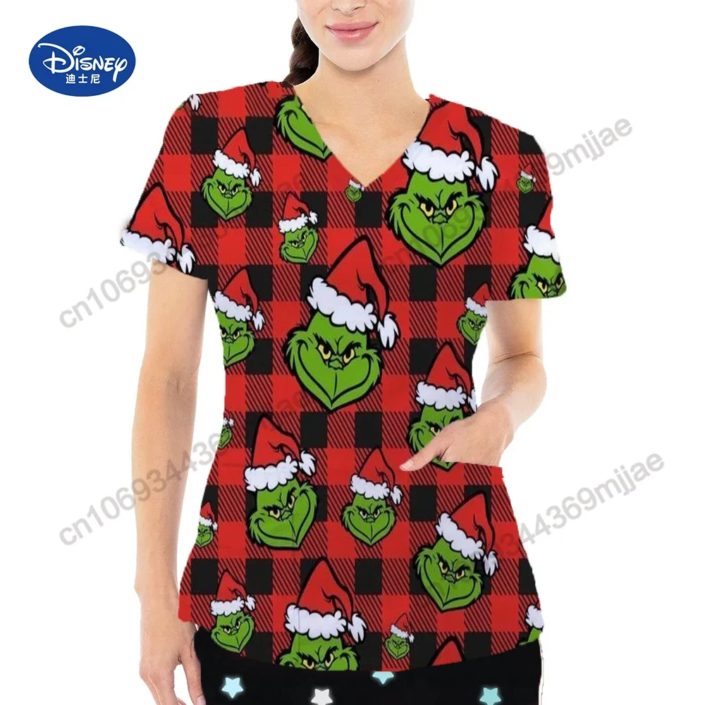 2024 New Summer V-neck Double pocket design Y2k style comfortable and casual women's T-shirt Cartoon pattern nurse uniform