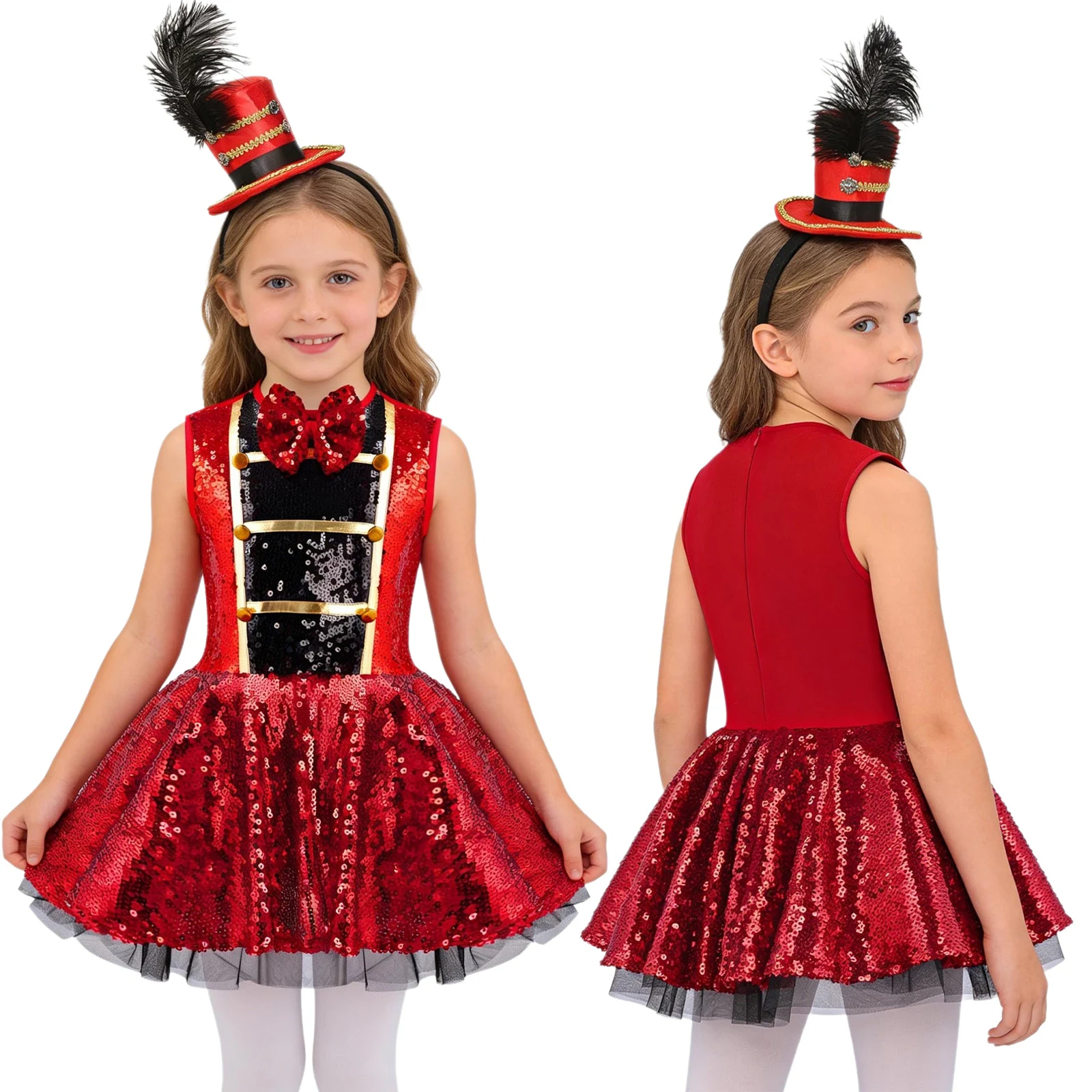 

Girls Circus Ringmaster Costume Shiny Sequins Leotard Ballet Tutu Dress +Feather Mini Top Hat Halloween Carnival Party Dress Up