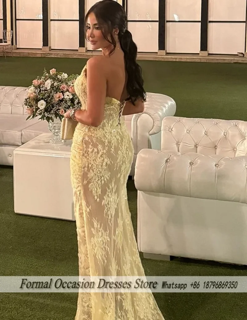 Light Yellow Prom Dresses Girls Sleeveless Mermaid Modest Lace Applique Pleated Ruffles Charming Wedding Party Dress Customized