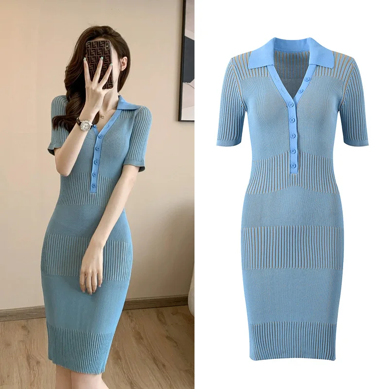 

Blue V-Ne ort Sve Elastic Slimming Ice Silk Dr Summer New Sle Faionable Commute Sle Bodycon Skirt Dr