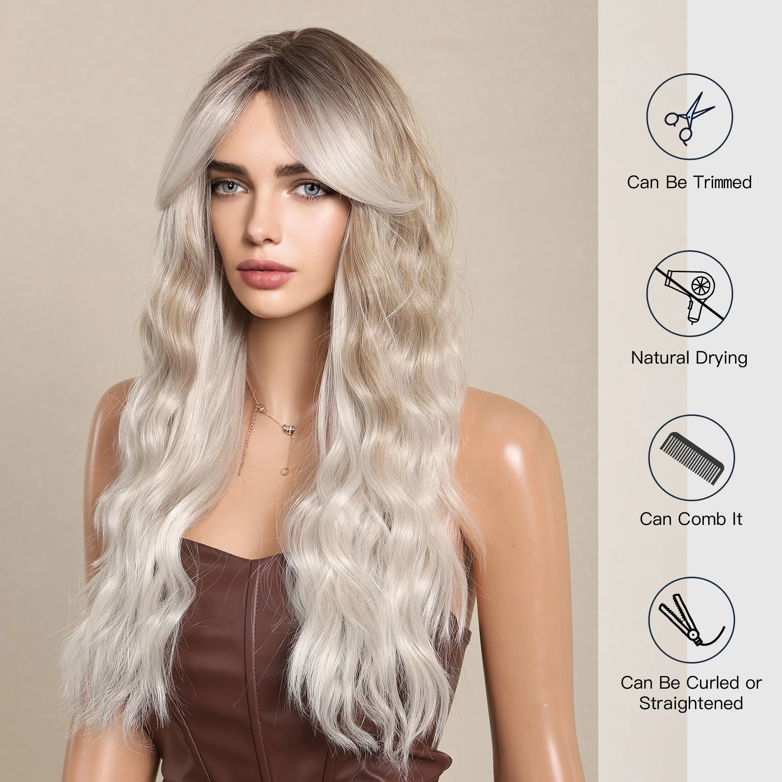 Peruca longa ondulada encaracolada com Franja para mulheres, cabelo resistente ao calor, raiz escura, cinza, platina, ombre, sintético, afro, uso diário