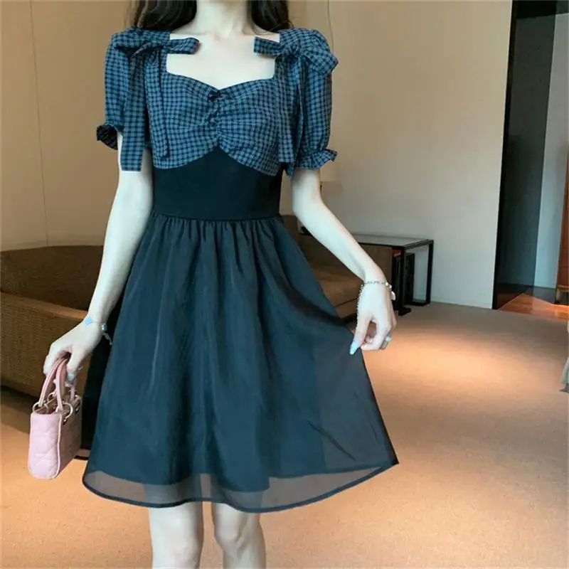 

Dress Plaid Square Neck Patchwork Bow Knot Slim And Cute Female Summer Sweet Japanese College Style Versatile Retro Dress