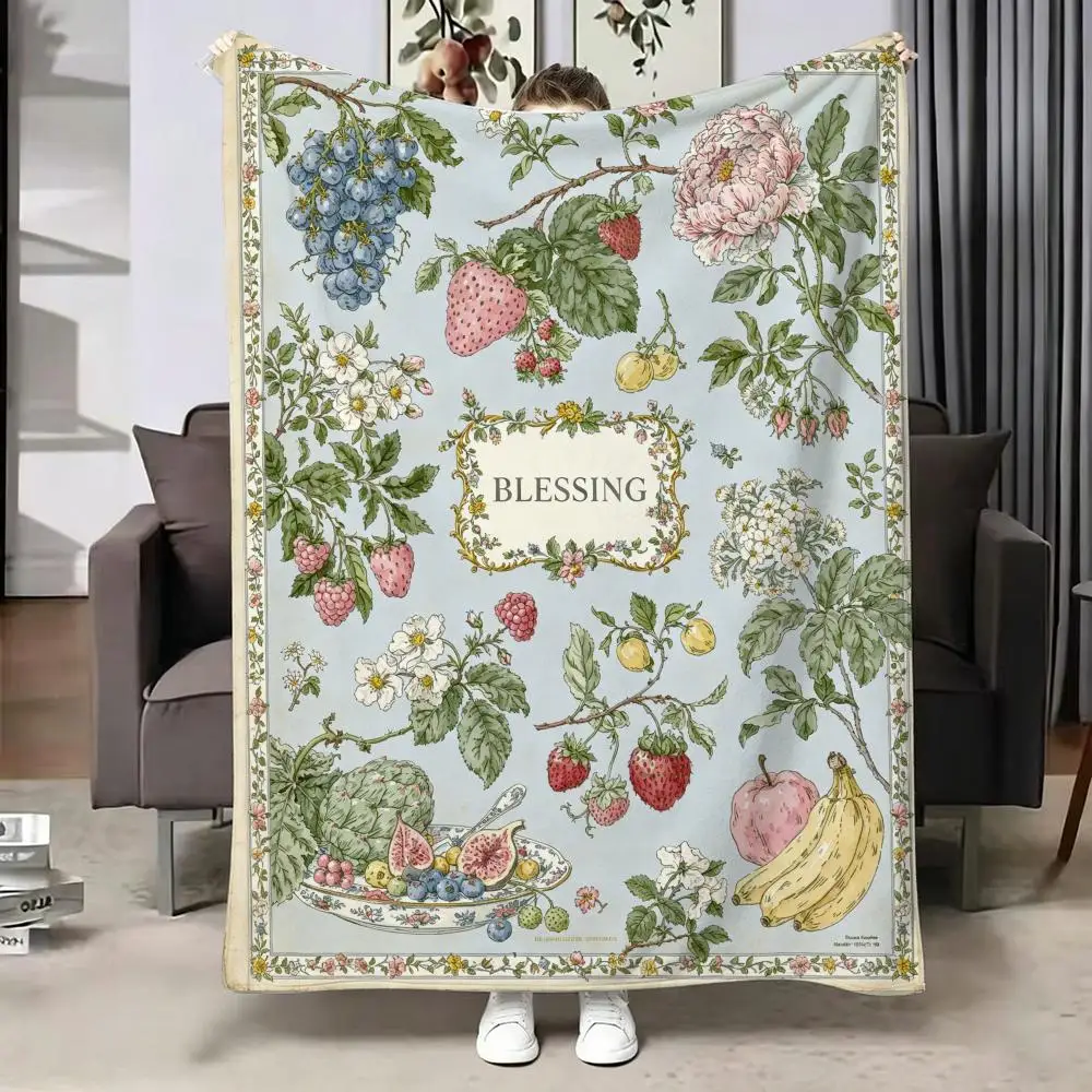 Botanical Fruit Harvest Throw Soft Warm Flannel Blanket, Multi-use Throw for Bed Sofa Office, Air Conditioning Nap Blanket