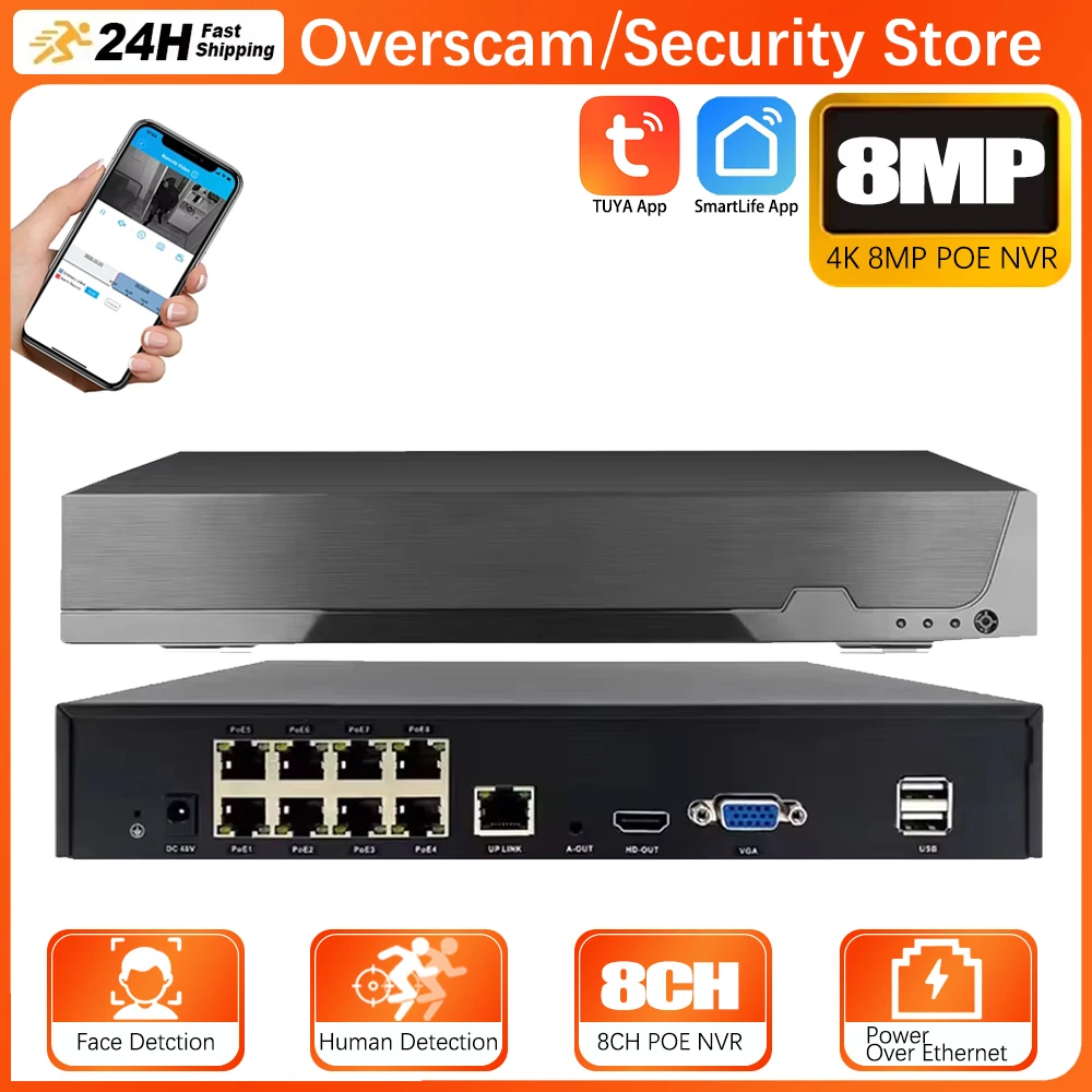 4K 8CH POE NVR Tuya Smartlife 8MP CCTV Security System AI Human Detection H.265+ Network Surveillance Audio Video Recorder NVR