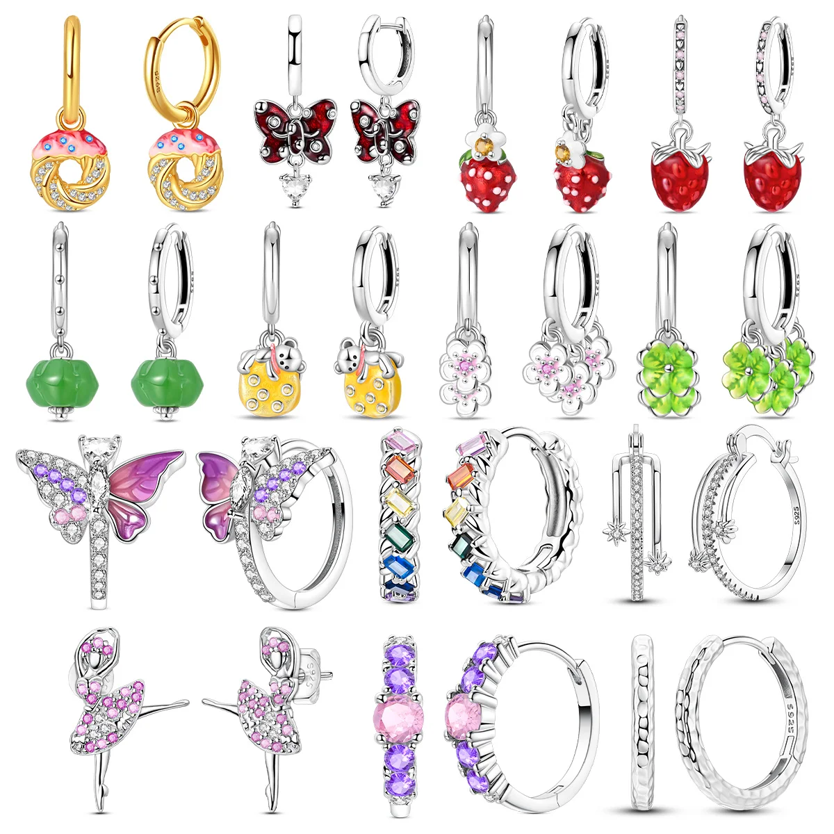 s925 Sterling Silver Double stirrup Fruit flower Butterfly zircon Earrings for Women Luxury Jewelry Wedding Birthday mom Gift