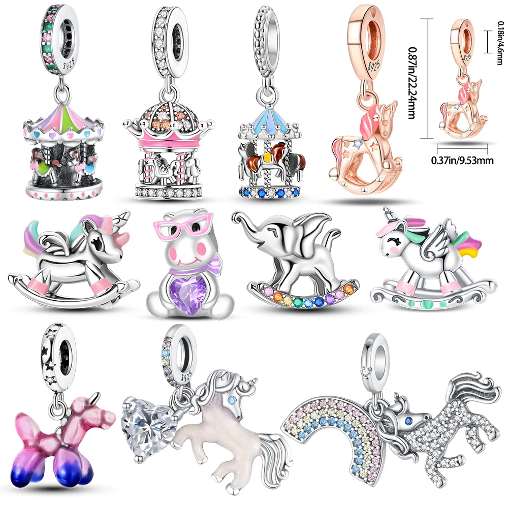 

Dreamy 925 Sterling Silver Carousel&Unicorn Dangle Charm Fit Bracelet Necklaces Gift Jewelry For Girls Starting School