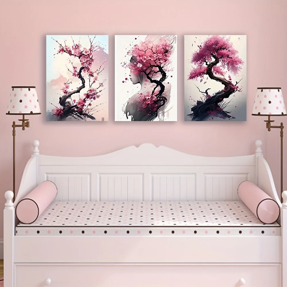 Set of 3 Unframed Canvas Prints Featuring Pink Watercolor Cherry Blossoms, Perfect for Decorating Bedroom Walls
