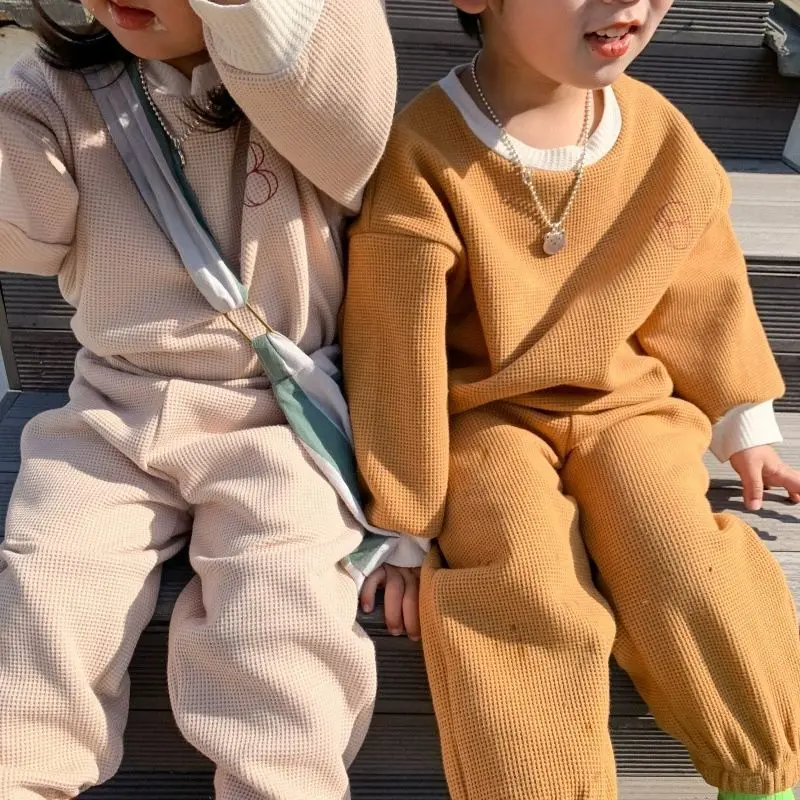 

Kids Sports Sweatshirt Solid Color Casual Two Piece Set 2025 Autumn Baby Clothes Set Kids Clothes Girls Waffle