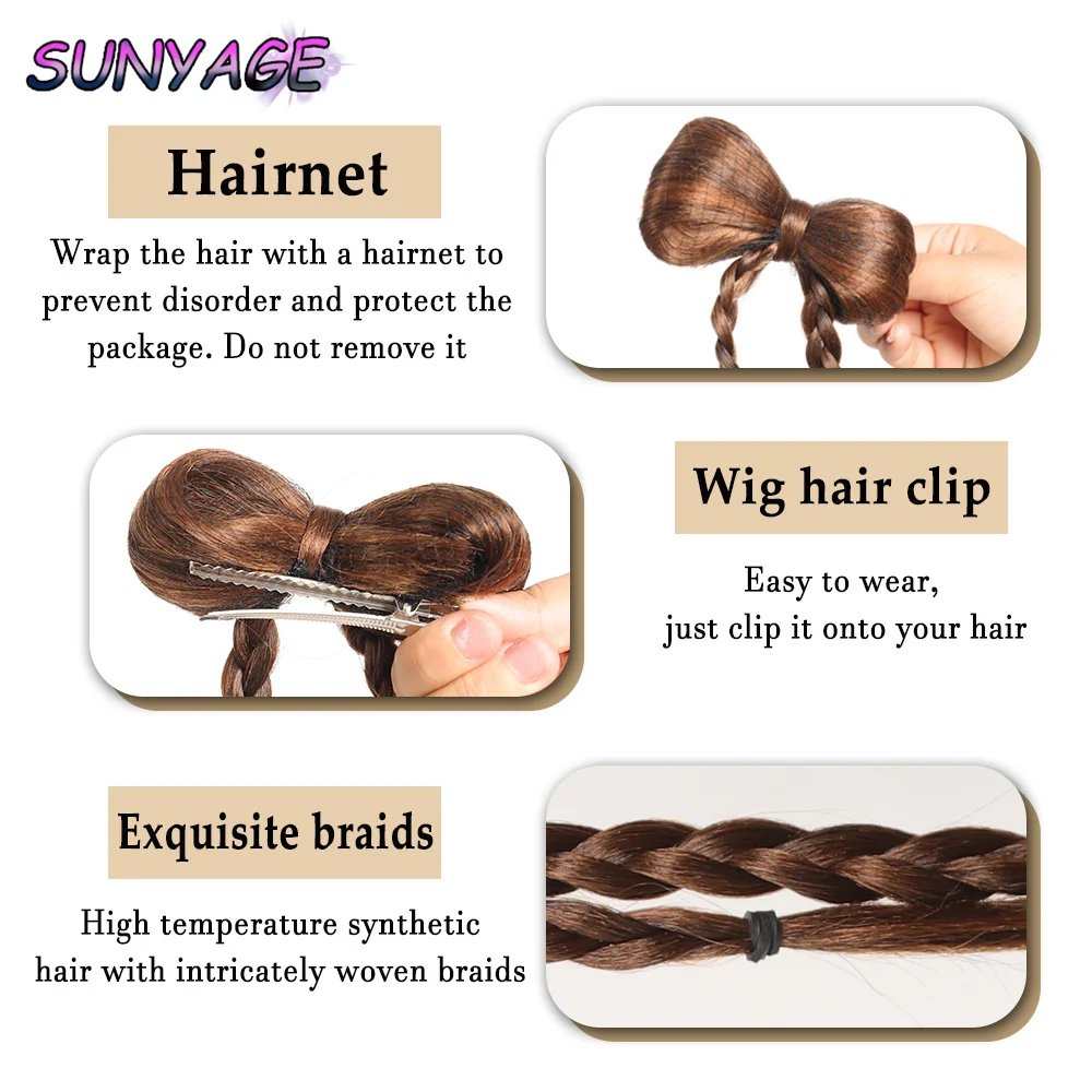 Sunyage peruca sintética massa frita torções trança clipe envoltório bola cabeça imitação trança dupla rabo de cavalo trança arco boxe trança