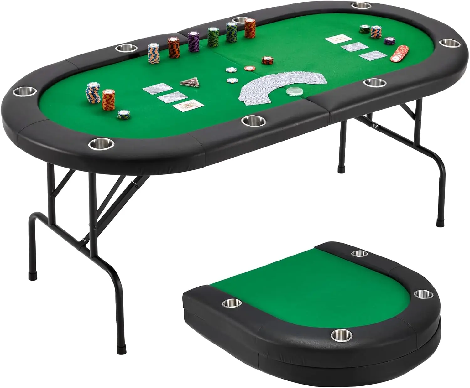 Poker Table Foldable, 8 Players Gaming Table w/Stainless Cup Holder & Portable Storage Bag, Folding Oval Blackjack Table for Tex