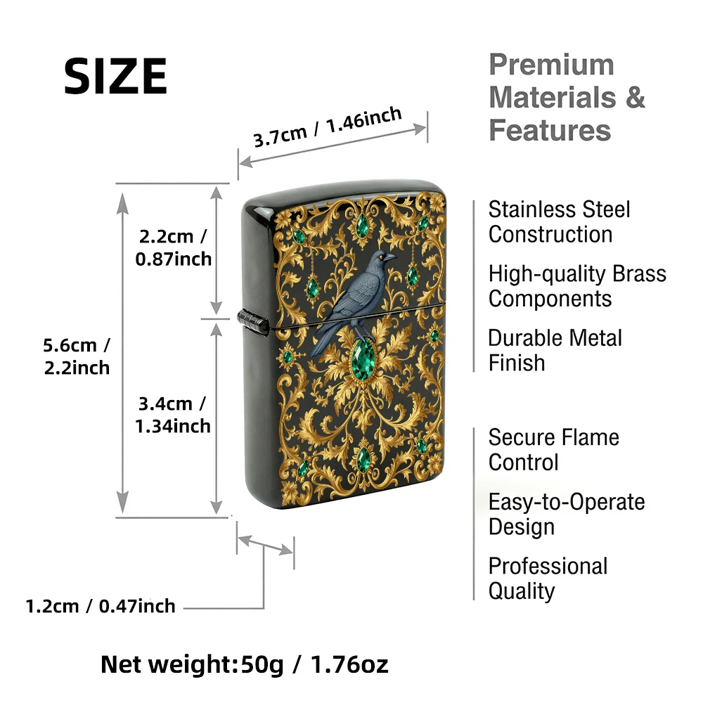 Gothic Raven Flip - Top Lighter, Emerald Green Gem Gold Scroll Pattern, Vintage Decor for Men's Cigarette Case - view 3