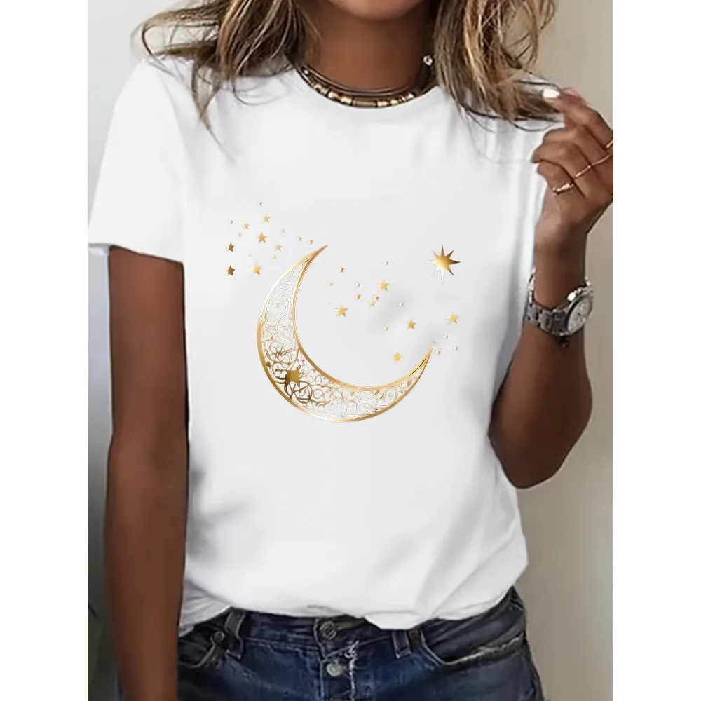 Women'S Casual Crew Neck Short Sleeve  ASize Women's Star and Moon Print T-Shirt  Bohemian Golden Moon and Stars Pattern Top