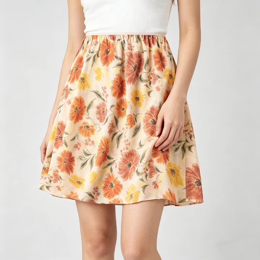 Women's Casual Summer New 100% Natural Mulberry Silk Crepe De Chine Elastic Waist Printed Straight Tube Skirt