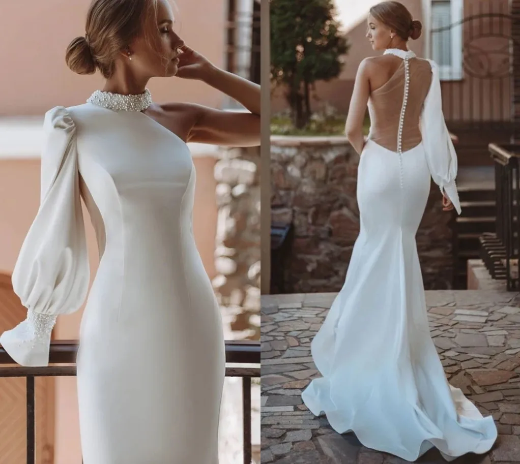 

New Pearls Wedding Dress Mermaid 2025 O-Neck One Shoulder Puff Sleeve Illusion Backless Satin Bridal Gown Vestidos De Noiva