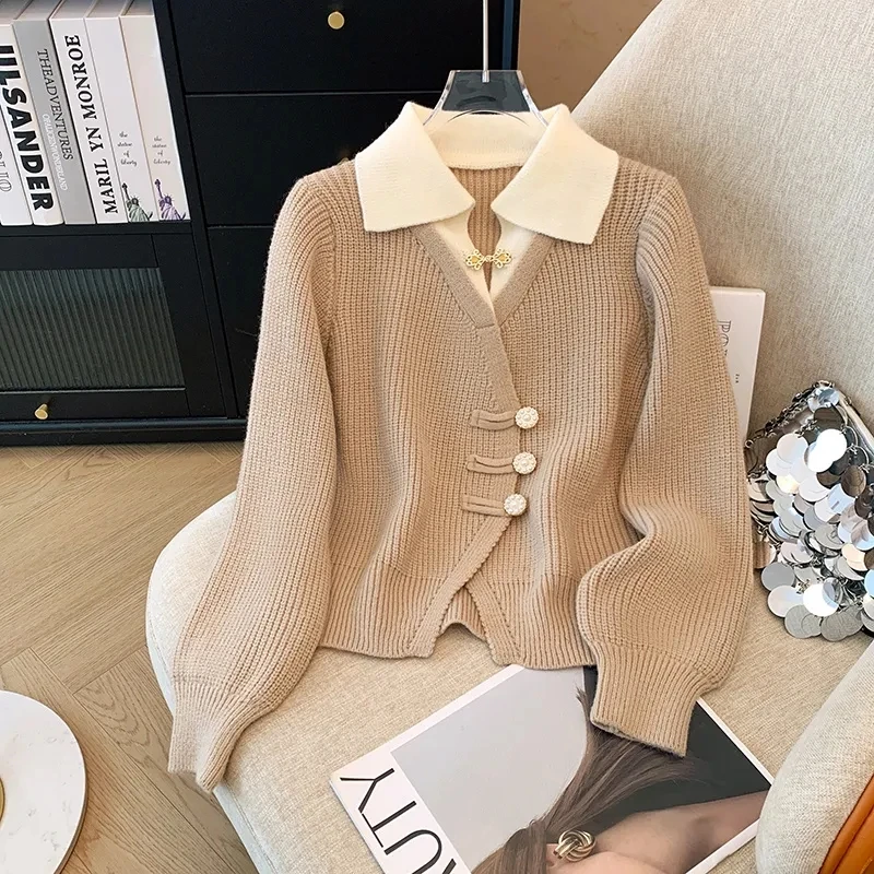 New 2026 Autumn Winter Design Splicing Slim Women Knitted Cardigan Sweater Jacket Fashion Fake Two Items Loose Ladies Top