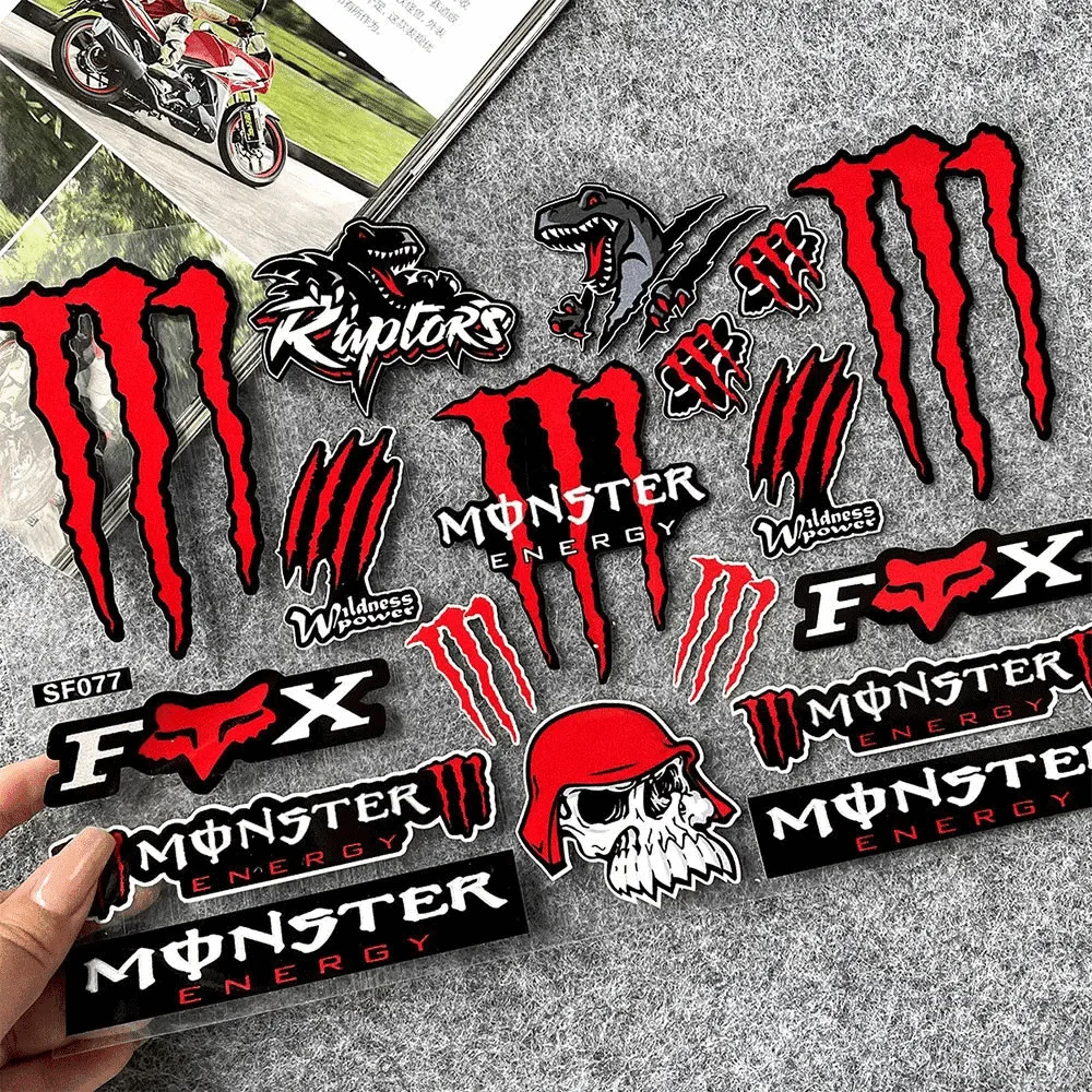 Red Claw Mark Racing Vinyl Stickers Set, Skull & Dinosaur Reflective Decals for Motorcycle, Helmet, Laptop