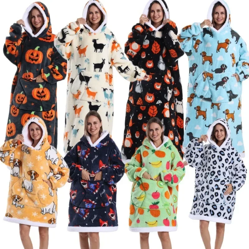 Cartoon Night Wears for Women Comfortable Lazy TV Blanket Oversized Thick Sherpa Hoodie Loungewear Couples Wearable Blankets