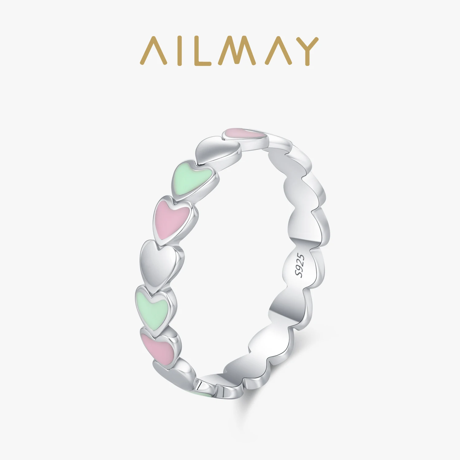 Ailmay الوردي الأخضر المينا على شكل قلب 925 خواتم فضة للنساء هدايا مجوهرات الزفاف الرومانسية
