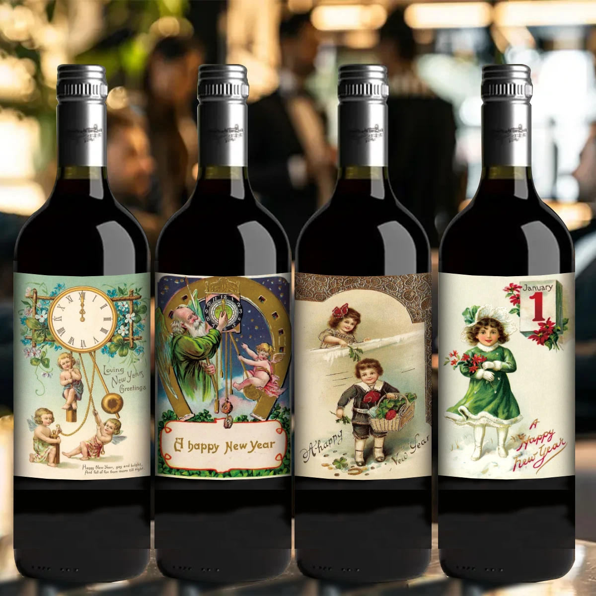 12pcs Vintage New Year Bottle Label Stickers,Retro Beverage Labels,Festive Party Supplies,Vinyl Wine Label,New Year Celebrations