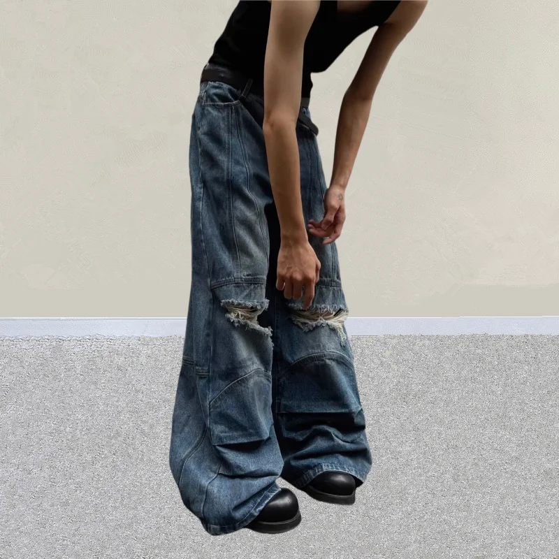 2026 Y2K Grunge Vintage Blaue Baggy Plissierte Zerrissene Gestapelte Jeans Herrenbekleidung Distressed Denim Hosen Pantalon Homme – Detail 8