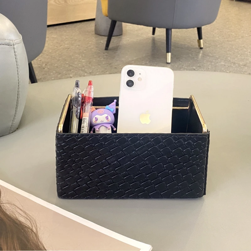 

Woven Leather Storage Basket with Metal Frame Stylish Desktop Organizer for Home Office Shelf and Tabletop Storage Use