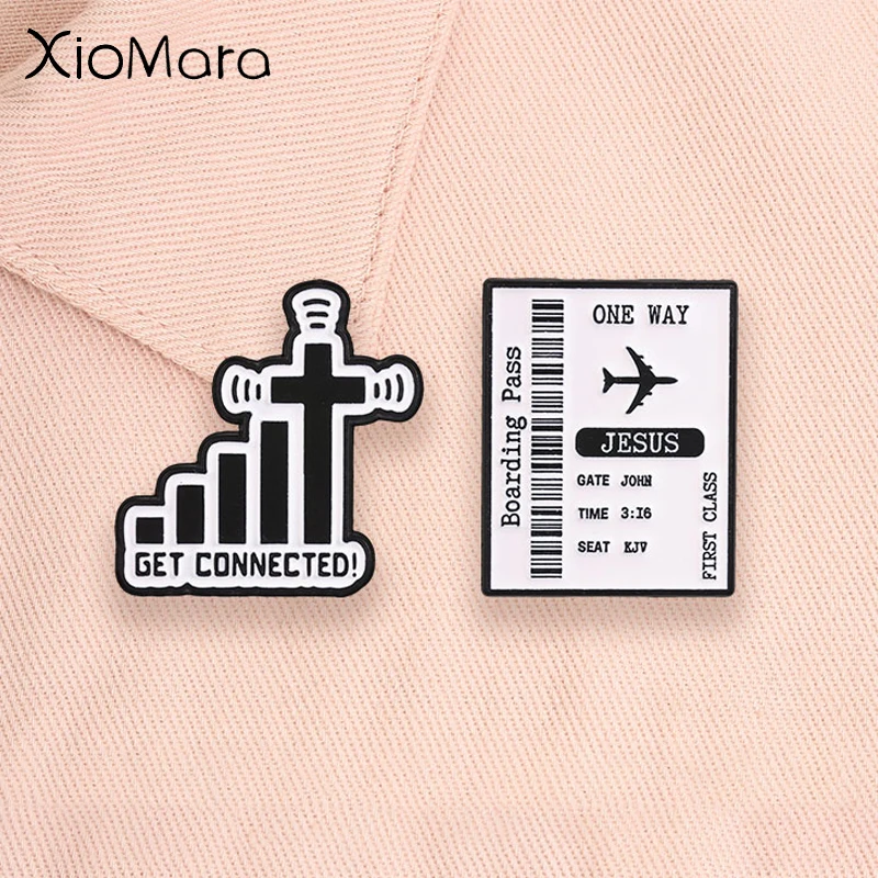 Christian Faith Enamel Badge Jesus One Way Boarding Pass Get Connected Cross Signal Religious Pins Lapel Brooches Jewelry Gifts