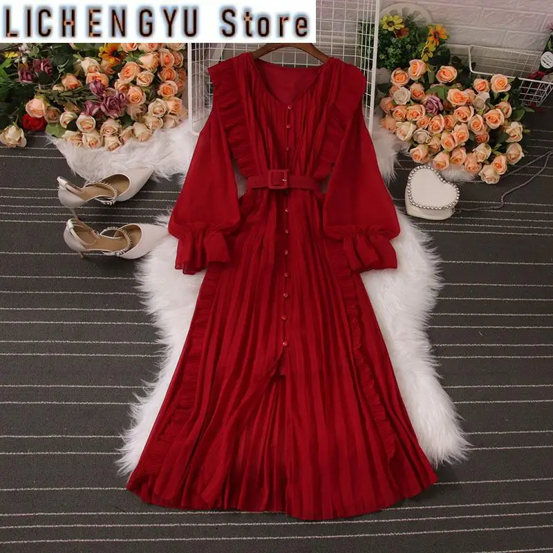 

New Sweet Style Women's Dress Ruffles Long-sleeve Pleated Bandage Patchwork High Waist Dresses Autumn Winter