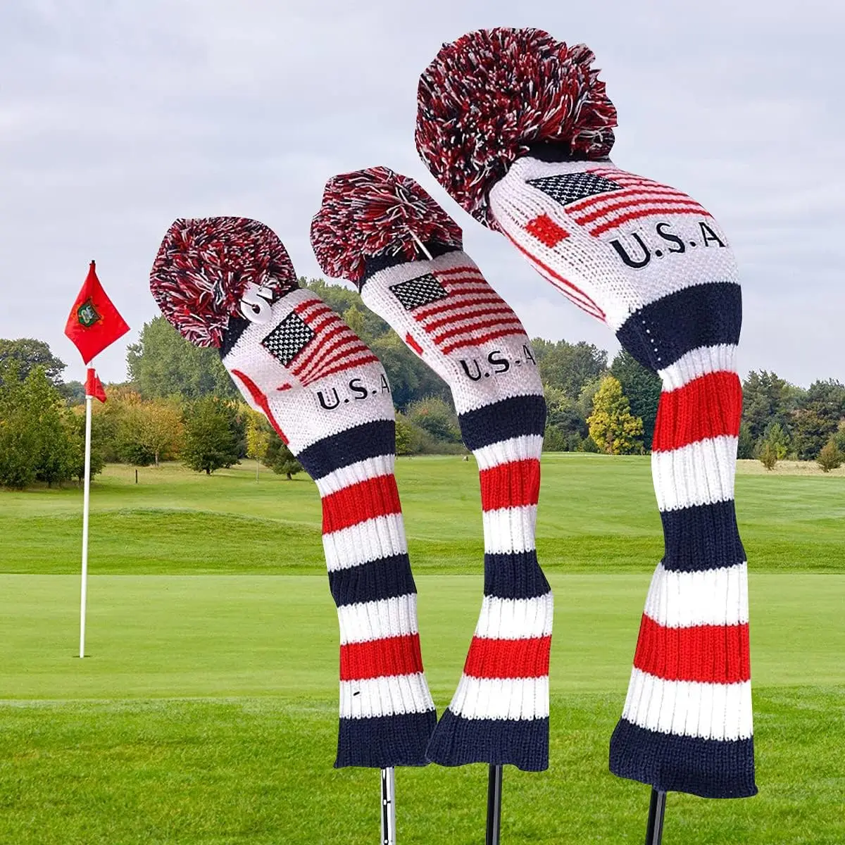 Golf Headcovers Knitted Golf Club Head Cover Long Neck Club Protector Patriotism USA Flag Pattern