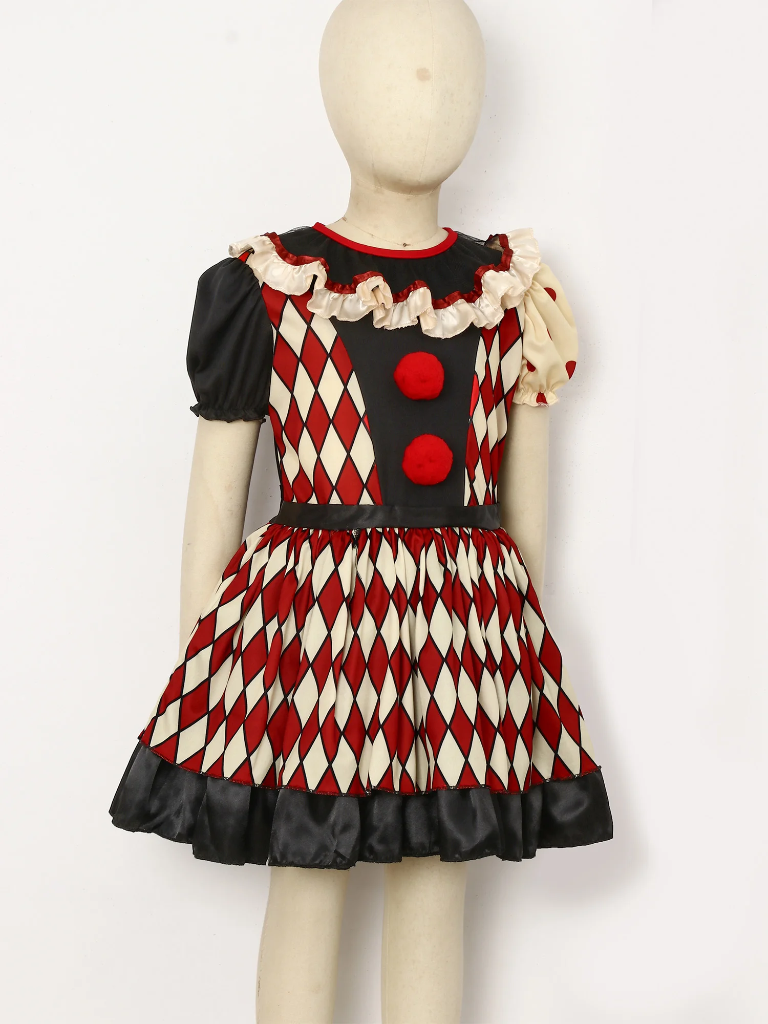 Girls Clown Costume Halloween Circus Fancy Dress Ruffle Puff Sleeve Diamond Pattern Layered Tutu Dance Dress And Hat Performance