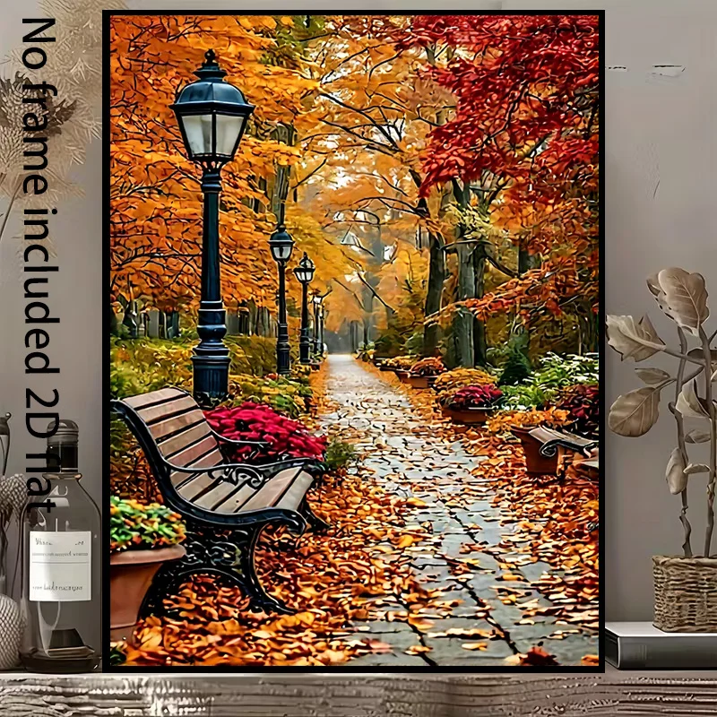 2D Flat, 2D Flat, 1pc Frameless Canvas Print, Autumn Forest Path with Fallen Leaves, Empty Bench, Flower Bed Decoration. Size